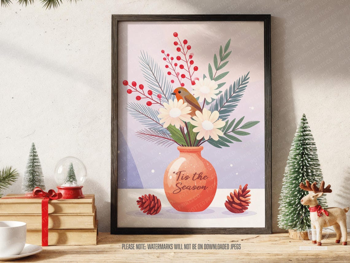 Tis the Season Winter Robin in Vase Festive Christmas Poster