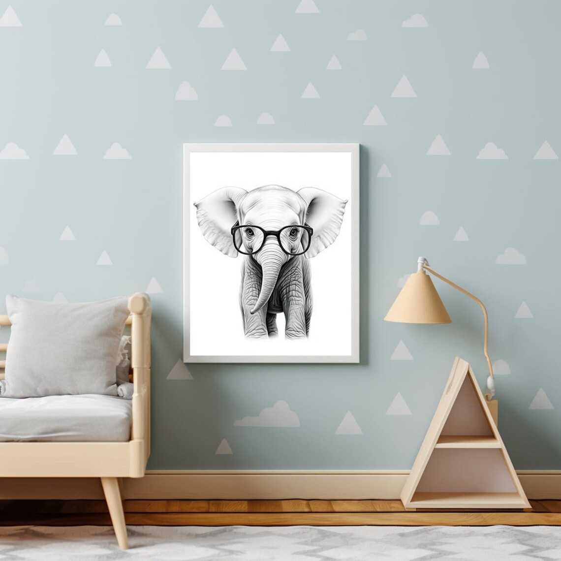Baby Elephant Wearing Glasses Black And White Nursery Kids Room Animal Poster