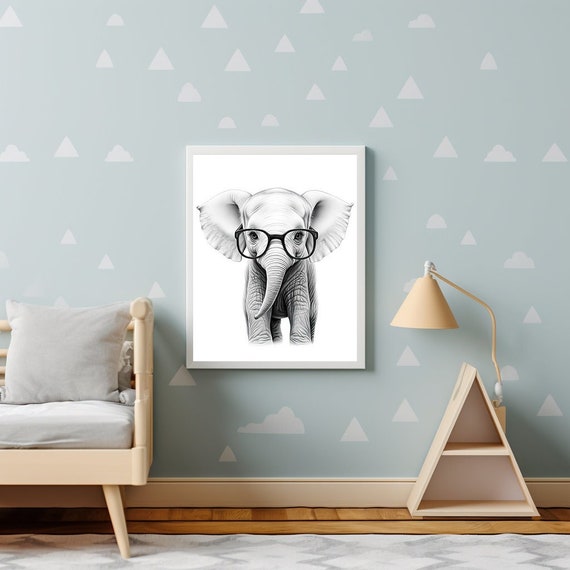 Cute Elephant Wearing Glasses Art Print Modern Black And White Home Wall Art Kids Room Decor Instant