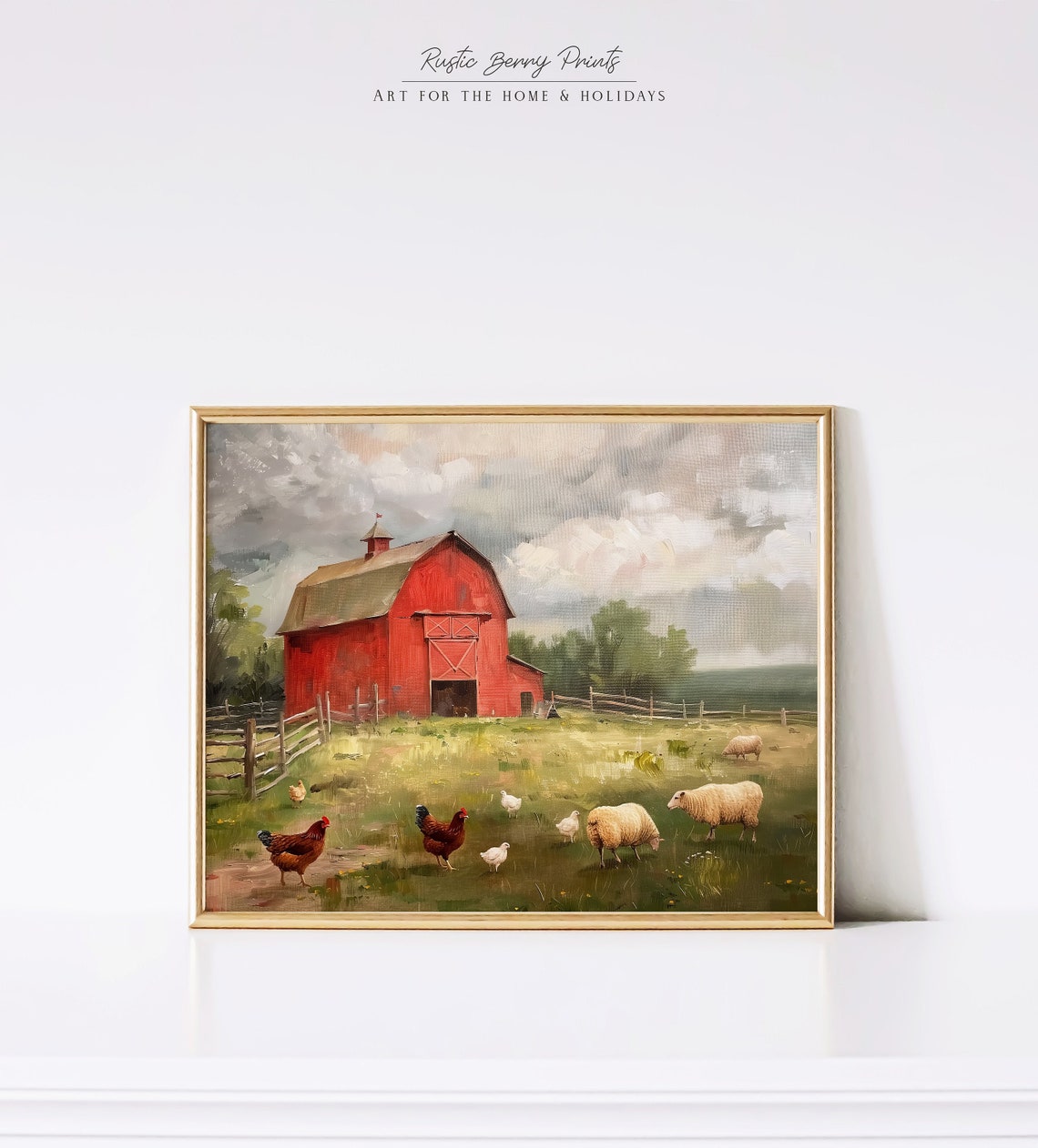 Red Barn With Chickens Sheep And Ducks Country Farm Scene Art Poster