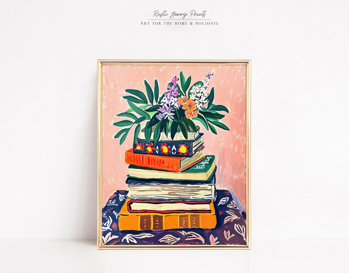 Colorful Books Flower Vase Pink Background Boho Book Lover Poster