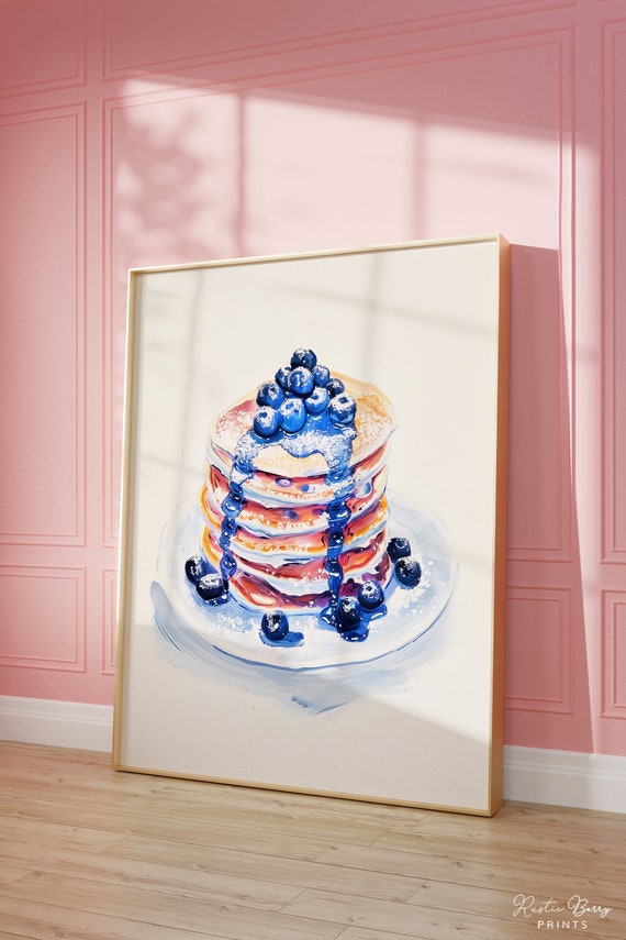 Blueberry Pancakes Art Print Wall Art Vintage Poster Retro Food Art Poster Kitchen Art Foodie Art Blueberries