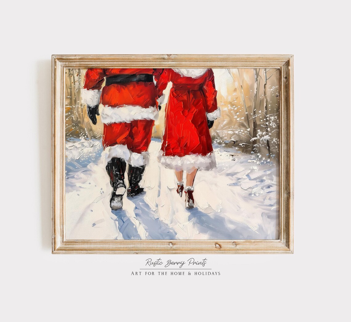 Santa Mrs Claus Walking Snowy Path Rear View Winter Romance Poster