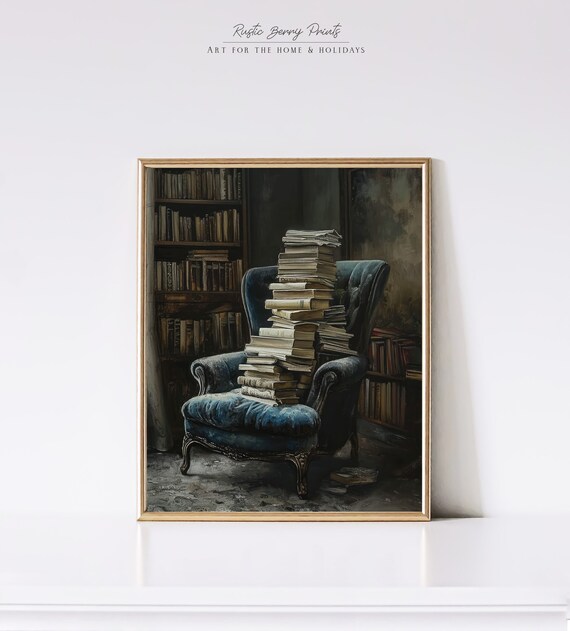 Blue Velvet Armchair Piled High With Old Books Moody Library Wall Print