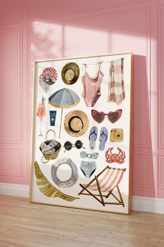 Beach Essentials Watercolor Collage Summer Vacation Art Print