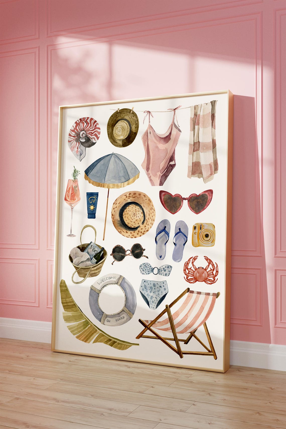 Beach Essentials Watercolor Collage Summer Vacation Art Print