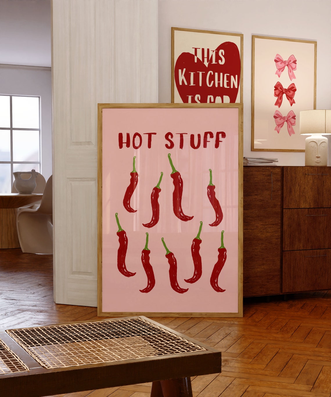 Hot Stuff Red Chili Peppers Sketch Retro Pink Kitchen Poster - Image 2