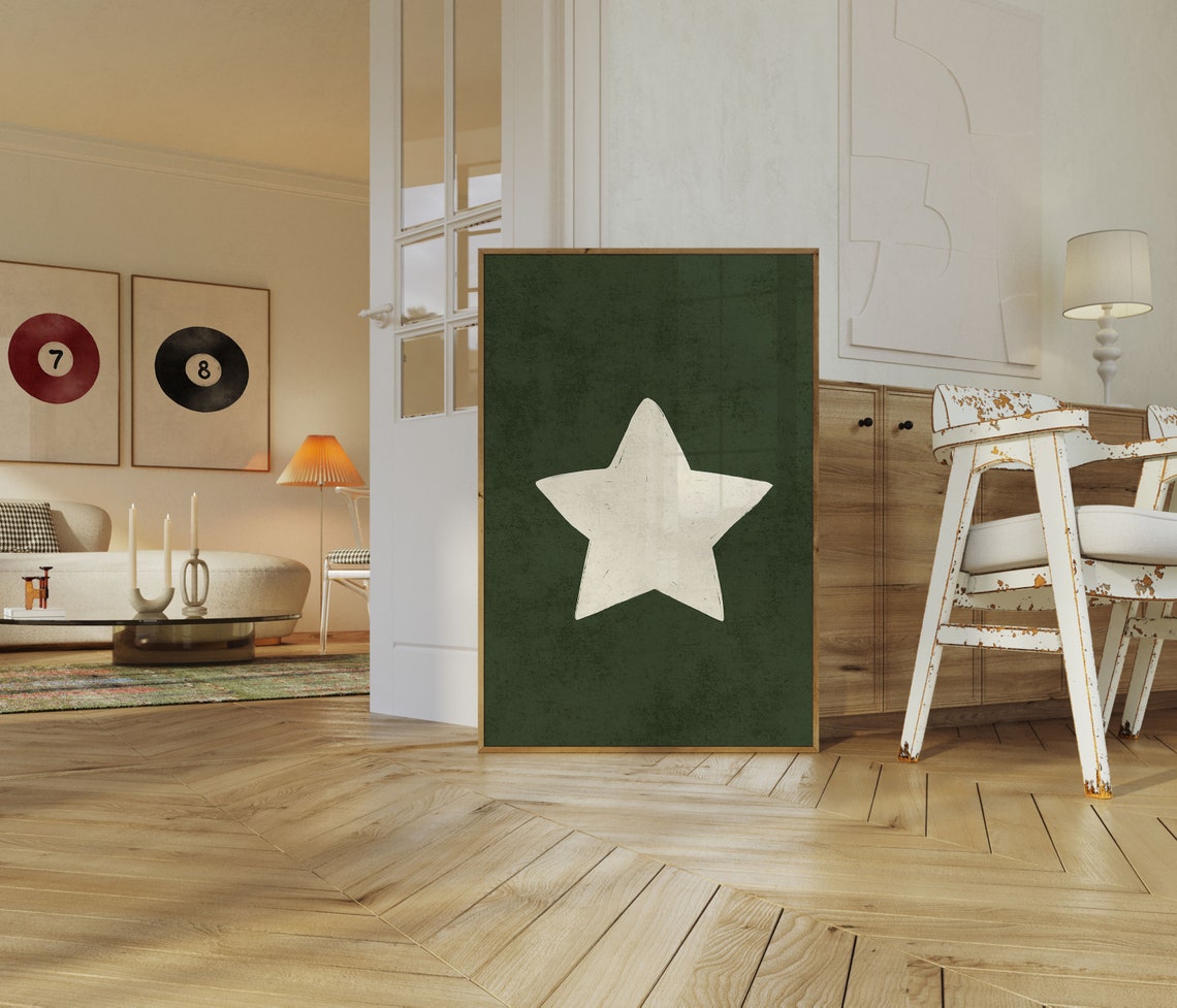 Hand Drawn White Star On Dark Forest Green Minimalist Poster - Image 2
