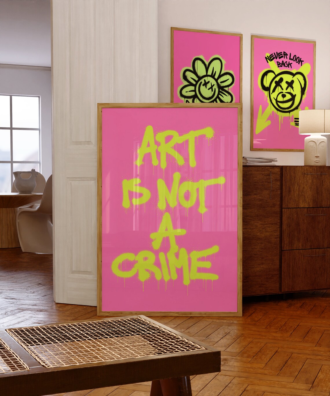 ART IS NOT A CRIME Neon Green Graffiti On Pink Street Art Poster - Image 4