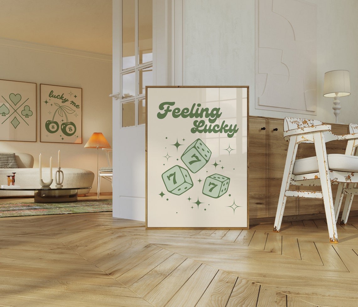 Feeling Lucky Retro Green 777 Dice Typography Trendy Wall Art - Image 2