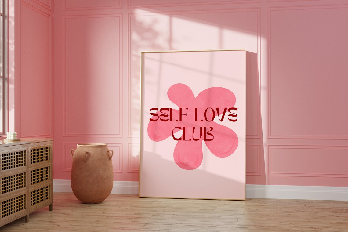 Self Love Club Pink Flower Retro Motivational Quote Typography Poster - Image 2