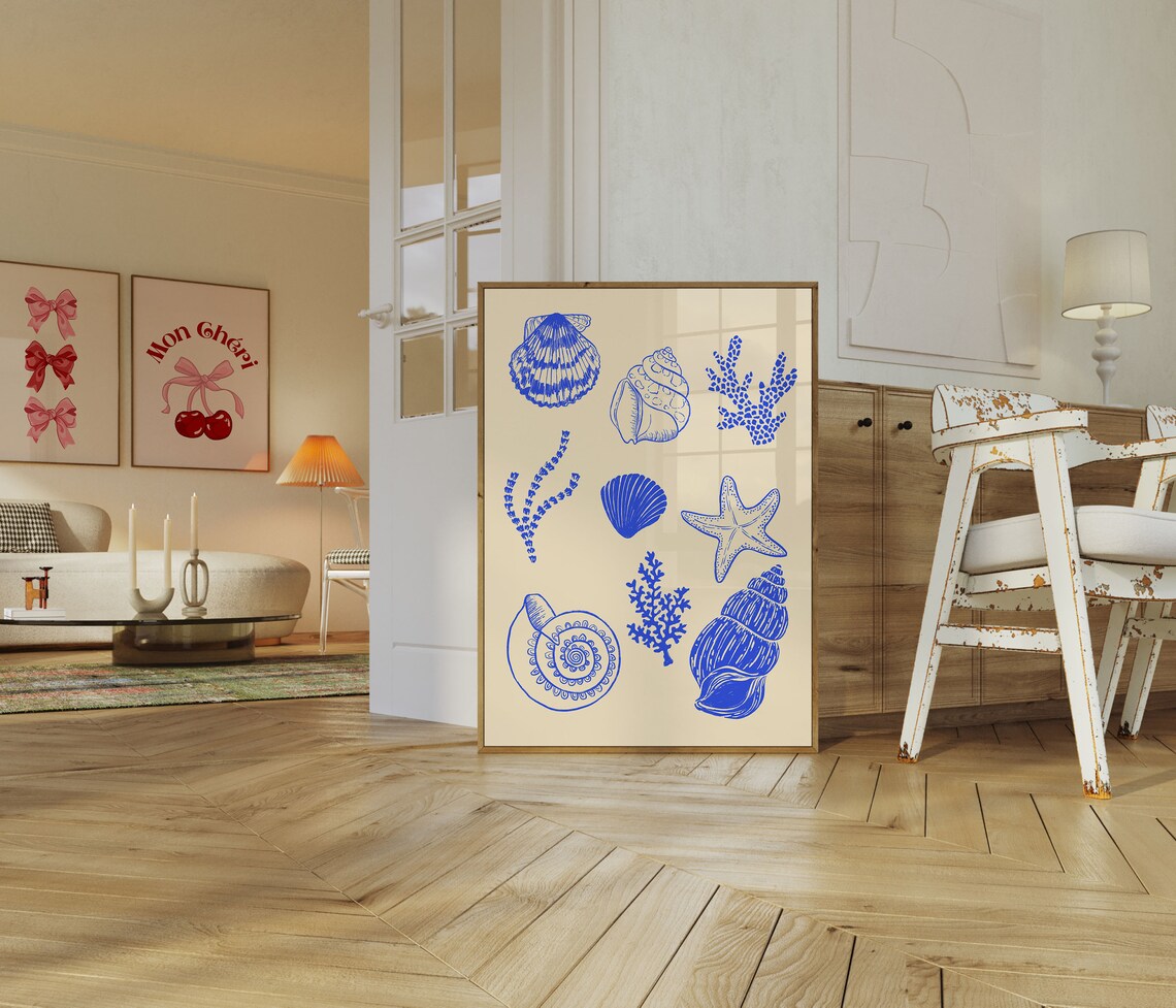 Seashells Blue Vintage Beachy Line Art Art Print - Image 3