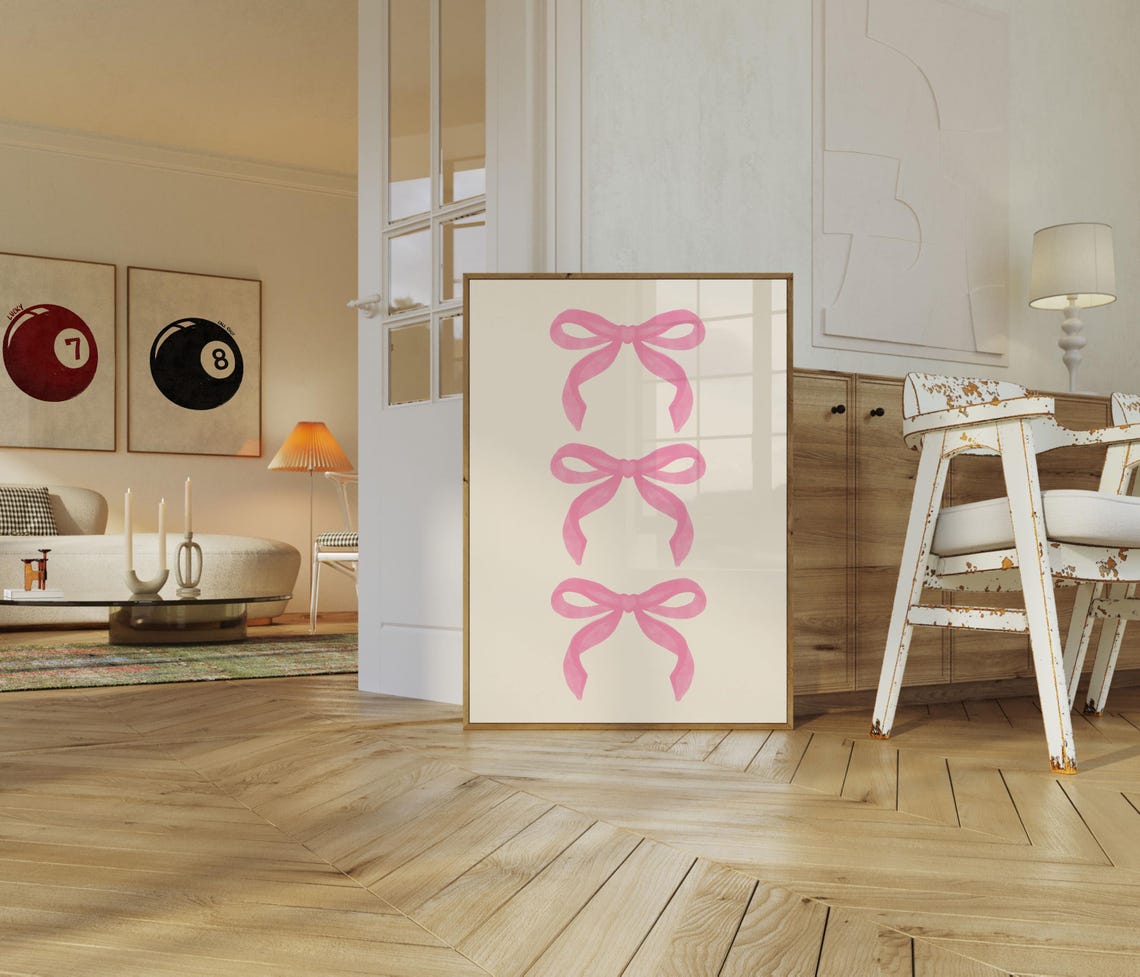 Three Pink Coquette Bows Ribbon Minimalist Preppy Girly Wall Art - Image 3