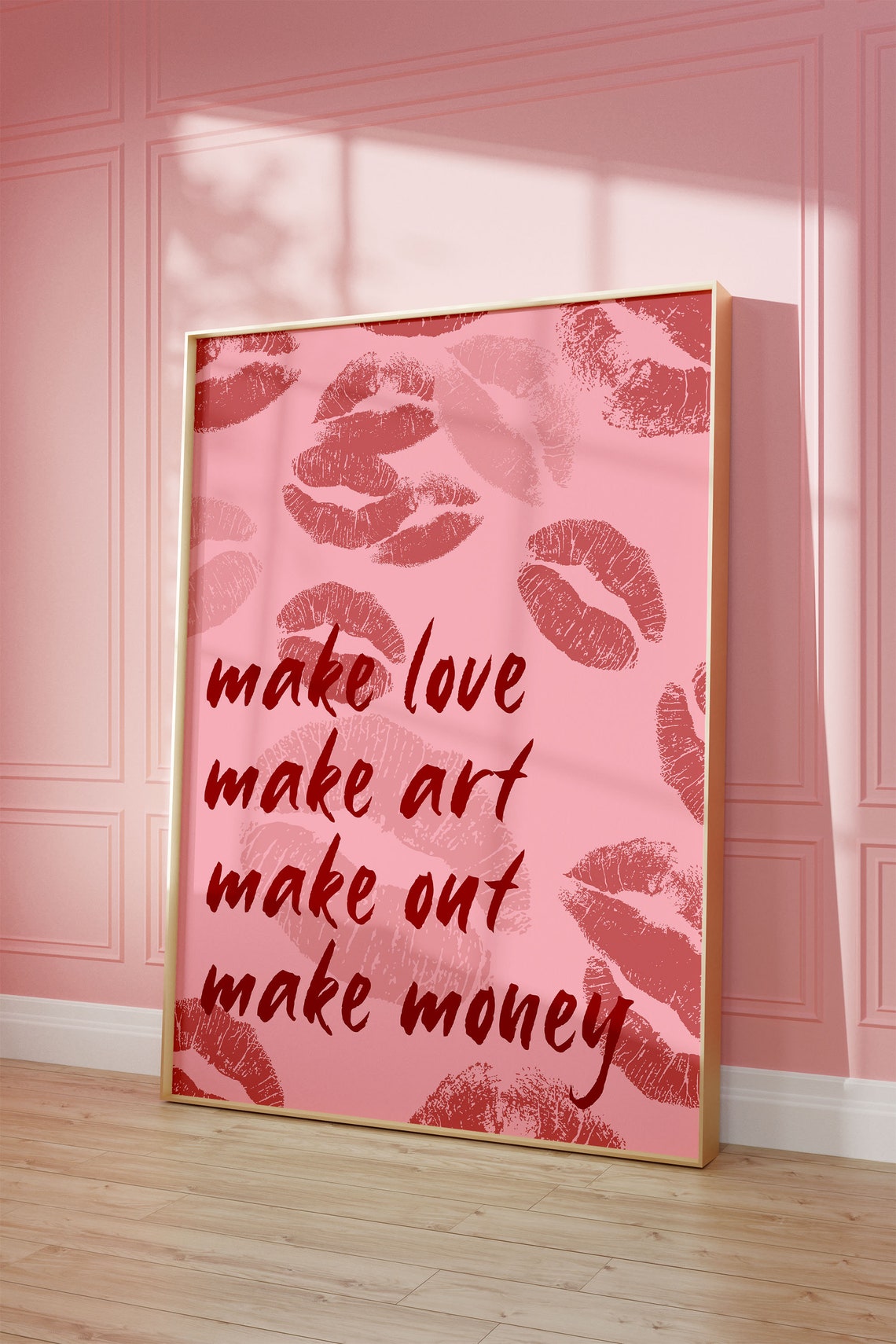 Pink Lips Kiss Mark Poster with Make Love Make Art Typography - Image 3