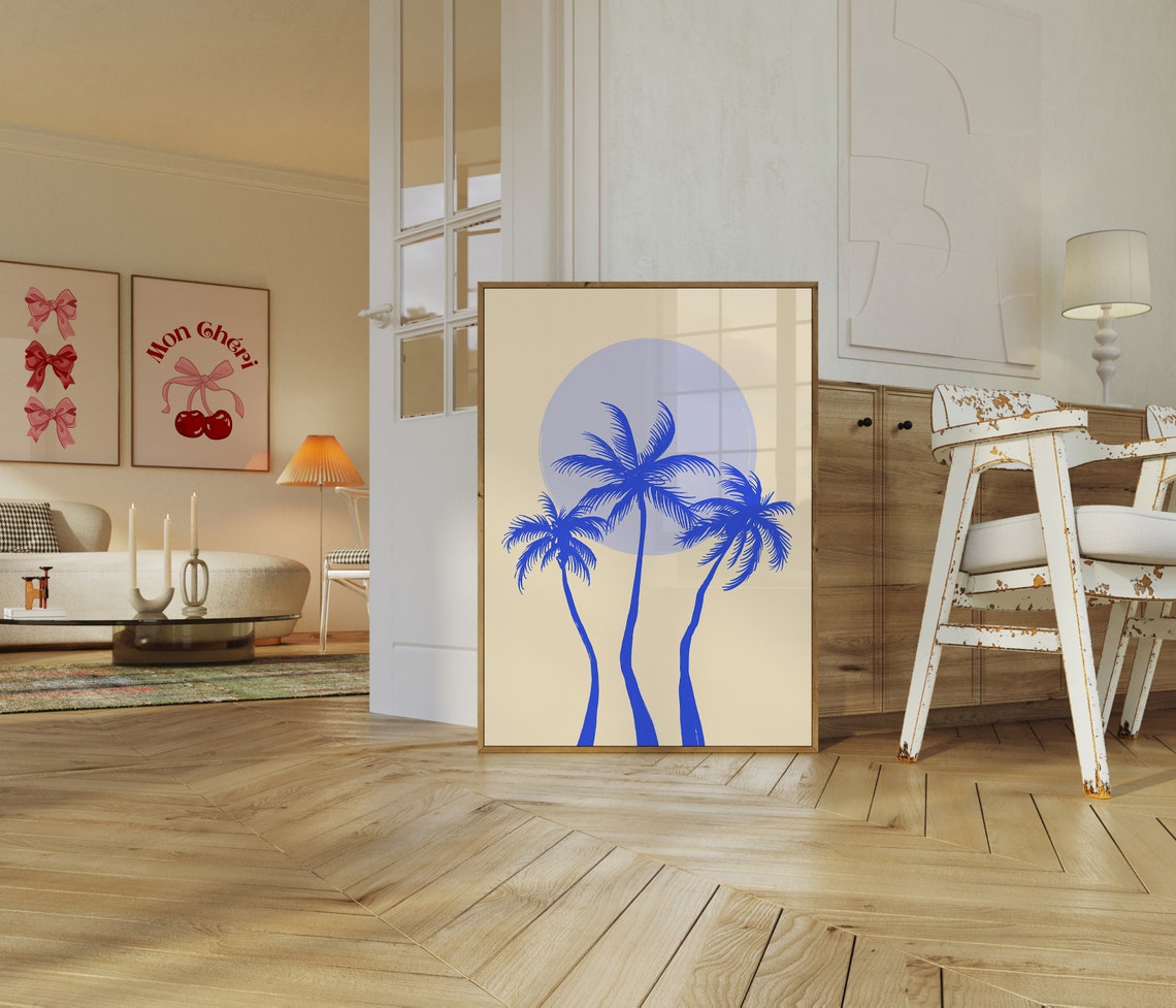 Chic Retro Blue Palm Trees Gray Moon Minimalist Coastal Poster - Image 3