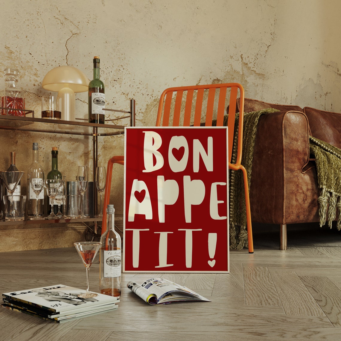 Big Bold Red Bon Appetit French Kitchen Typography Quote Poster - Image 3