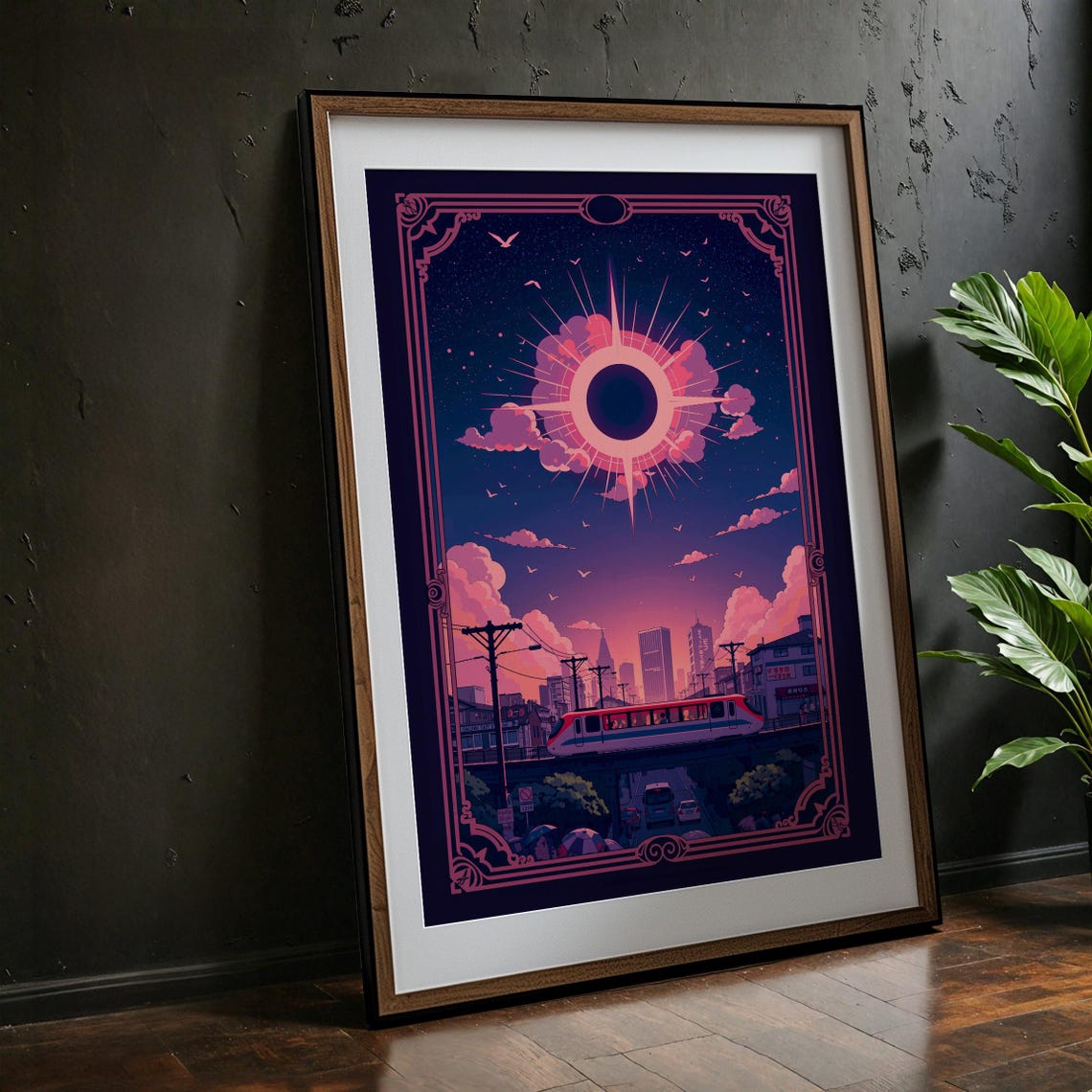 Retro Eclipse Night Cityscape Elevated Train Lofi Urban Poster