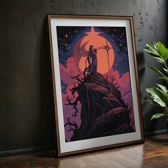 Celestial Angel Warrior Poster for Mystical Cosmic Starry Night Art