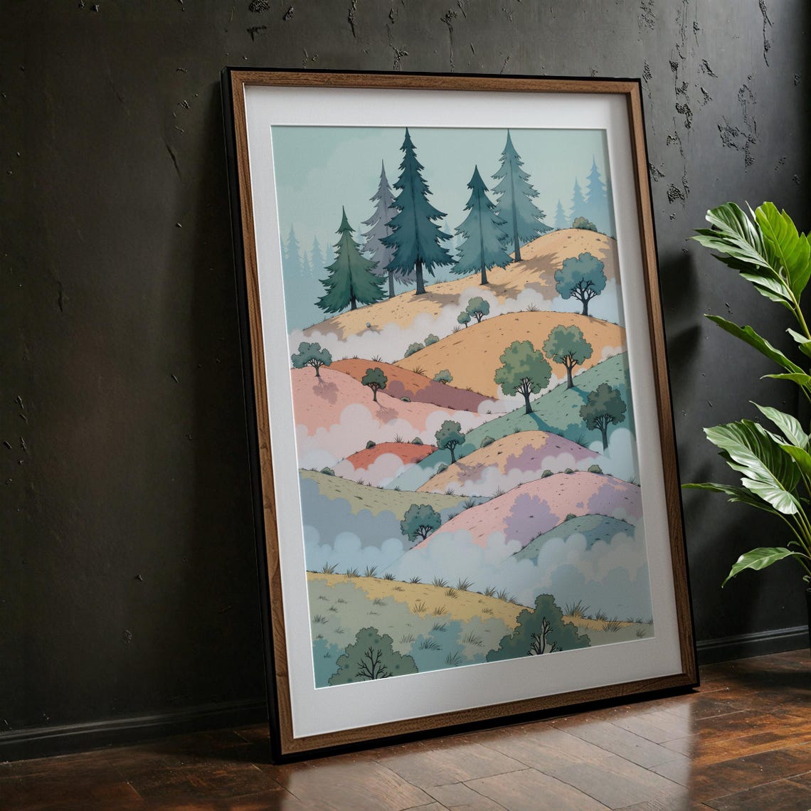 Whimsical Forest Hills Pastel Landscape Pine Trees Art Poster