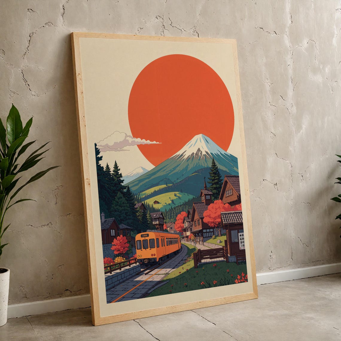 Mount Fuji Japanese Village Orange Train Retro Sunrise Poster