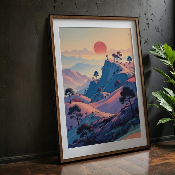 Mountain Sunset Art Print Pastel Landscape Poster Serene Nature Illustration Unique Scenic Wall