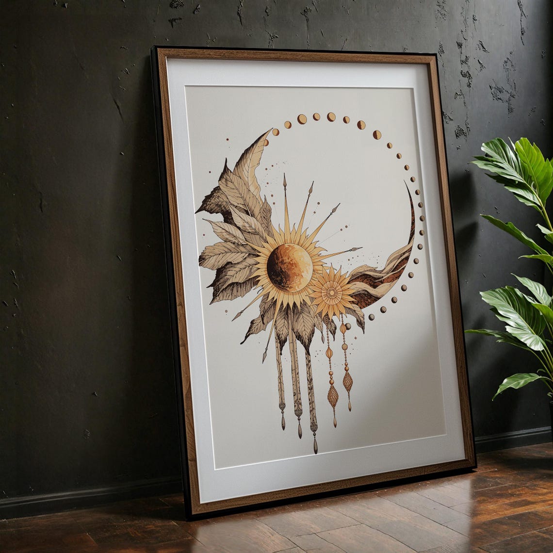 Sun And Moon Phases Boho Celestial Botanical Wall Decor Poster