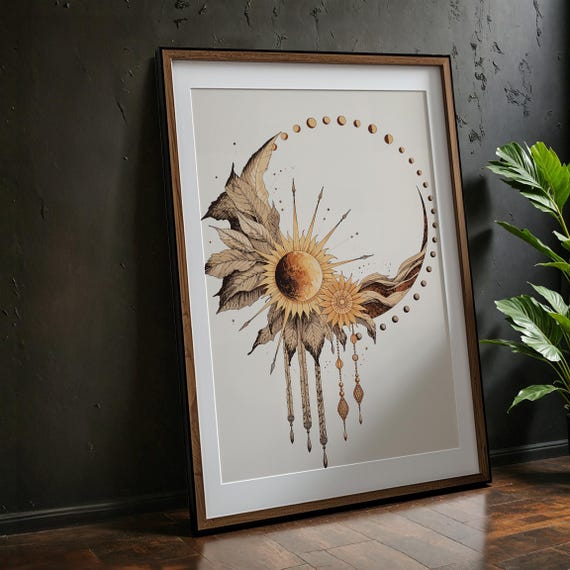 Boho Sun And Moon Phases Art Print Celestial Botanical Wall Decor For Mystical Spaces