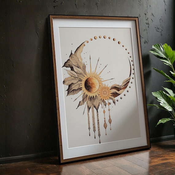 Sun And Moon Phases Boho Celestial Botanical Wall Decor Poster
