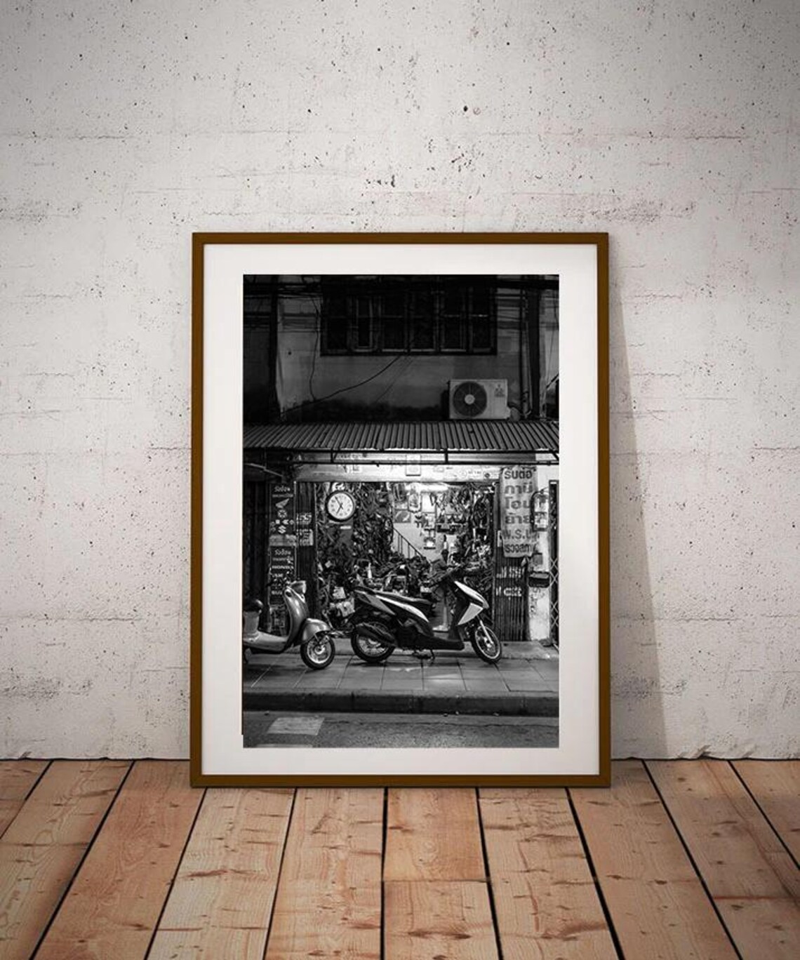 Bangkok Night Motorbike Workshop Black And White Photo Poster