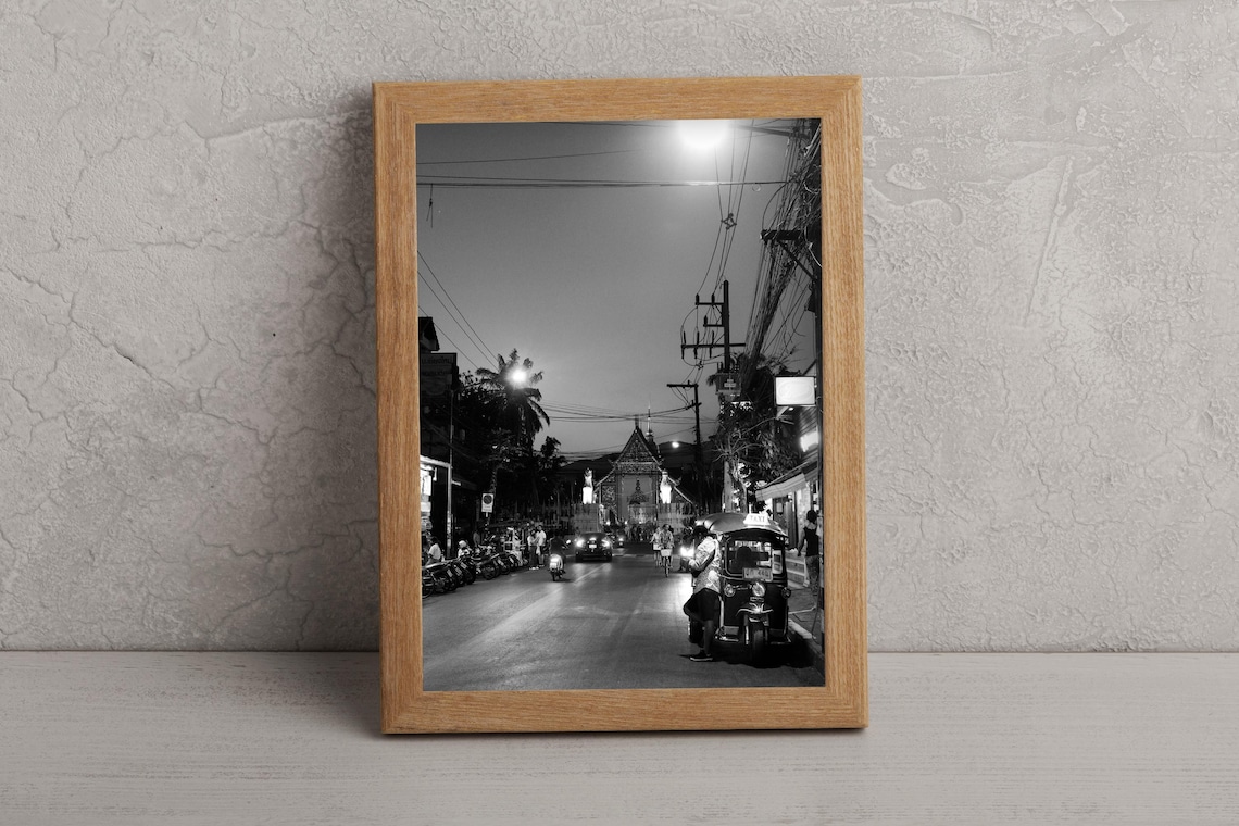 Night Street Tuk Tuk Black and White Urban Photography Poster