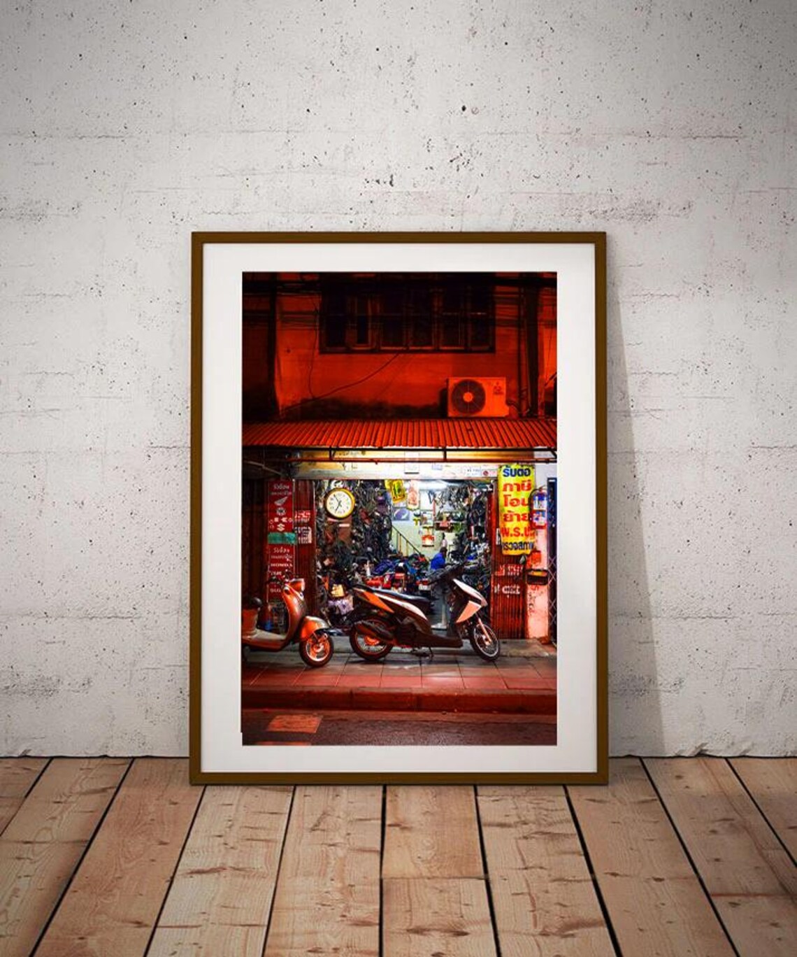 Bangkok Neon Night Motorbike Repair Shop Street Scene Photo Poster