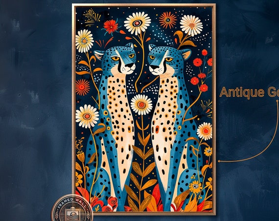 Whimsical Blue Cheetah Floral Wall Art Print