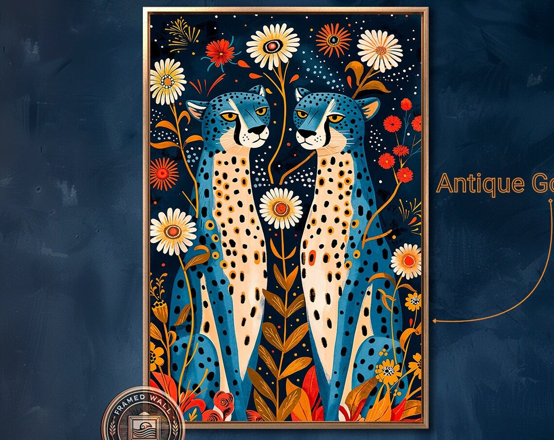 Whimsical Blue Cheetah Floral Wall Art Print
