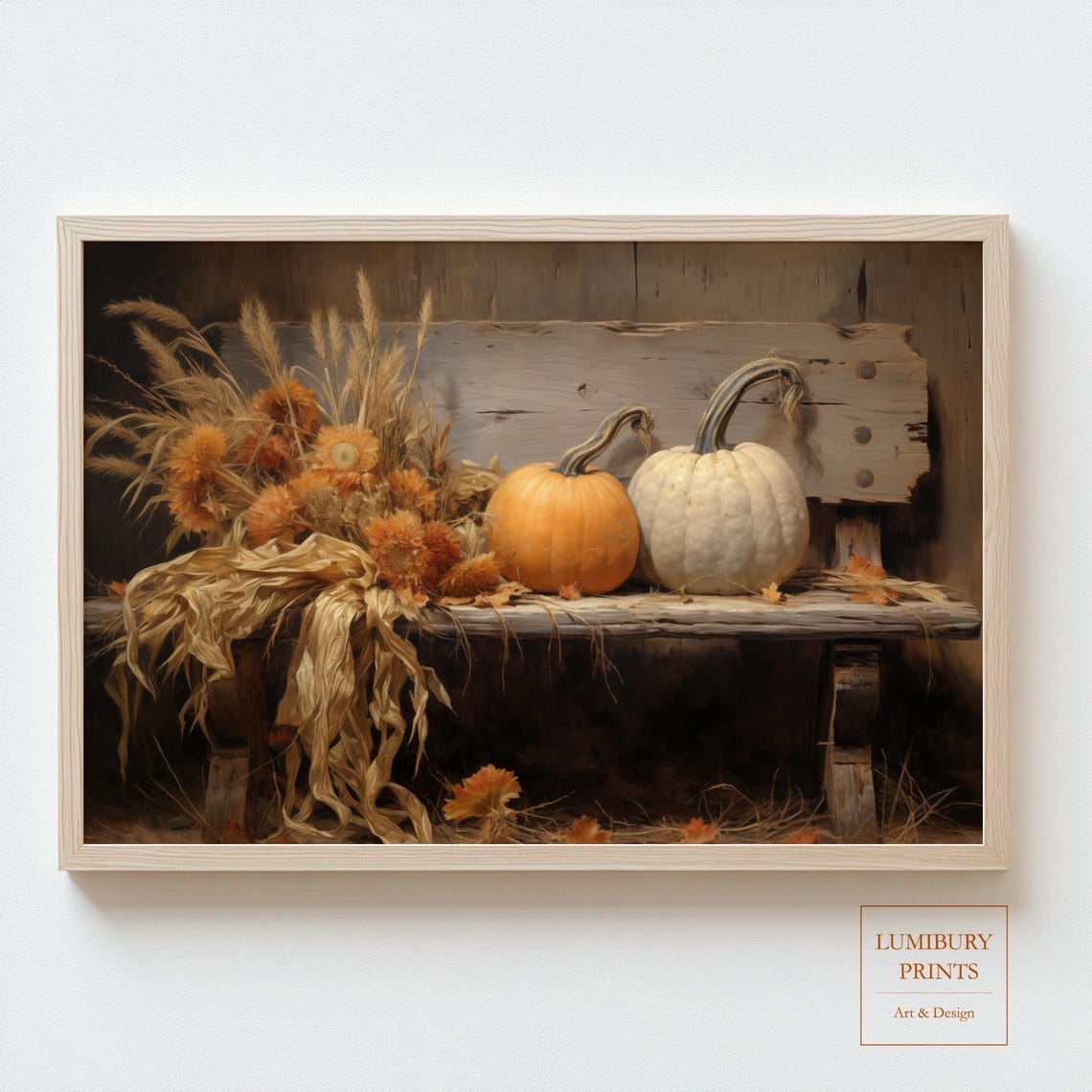Orange and White Pumpkins Dried Wheat Rustic Bench Fall Decor Poster