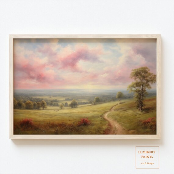 Pink Clouds over Rolling Meadow Path Pastel Landscape Poster