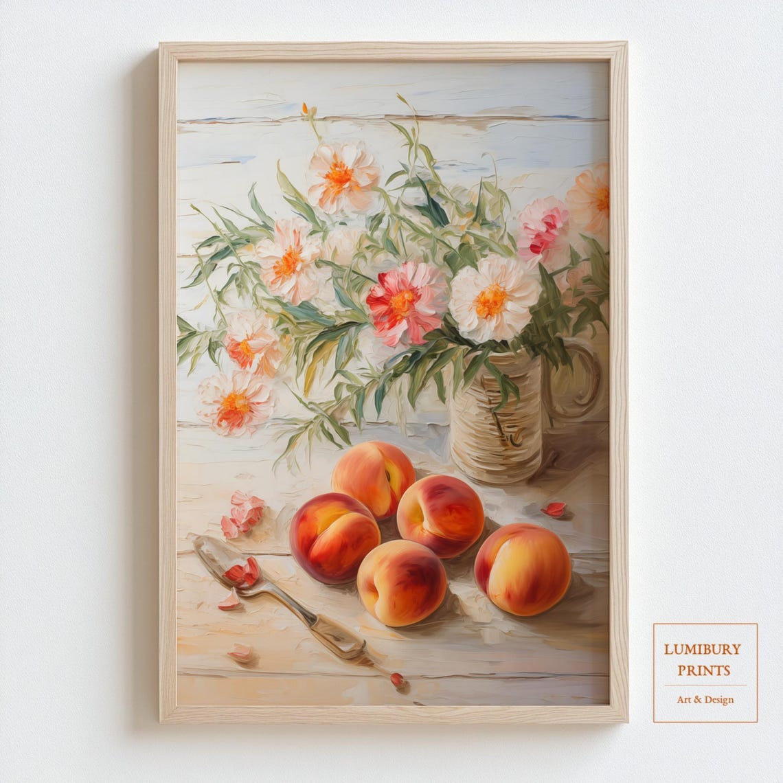 Peaches And Zinnia Bouquet Rustic Still Life Kitchen Art Poster