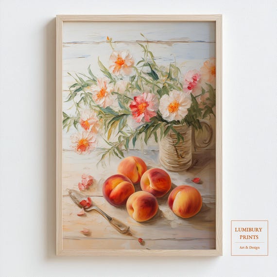 Zinnia Wall Art Peach Decor Rustic Floral Poster Botanical Kitchen Print Summer Vintage Still Life Instant