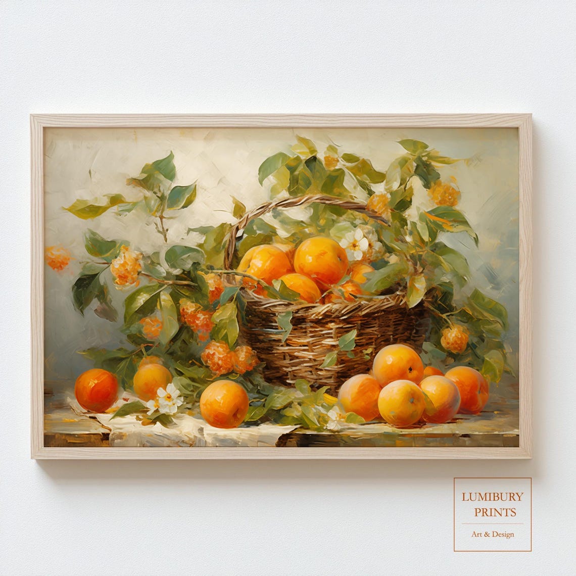 Oranges in Wicker Basket Blossoms Rustic Harvest Painting Wall Art