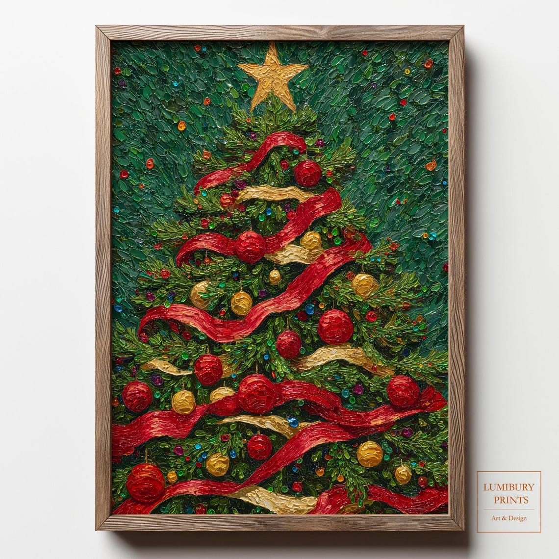 Christmas Tree Red Ribbon Impasto Gold Star Festive Painting Wall Art