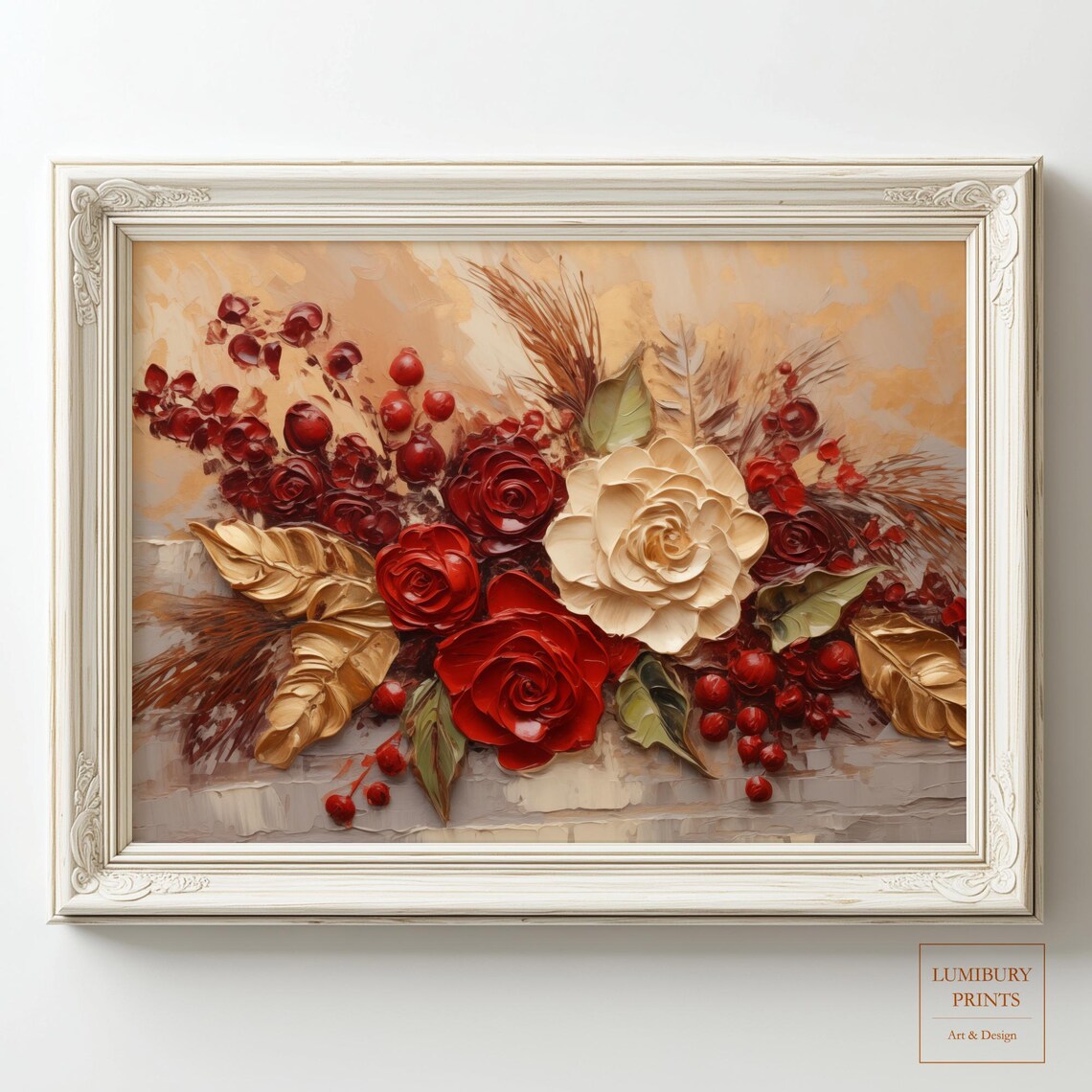 Red Roses Cream Berries Impasto Floral Still Life Painting Poster