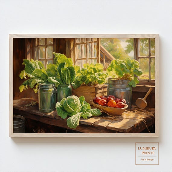 Vegetable Wall Art Farmhouse Kitchen Rustic Print Countryside Painting Cabbage