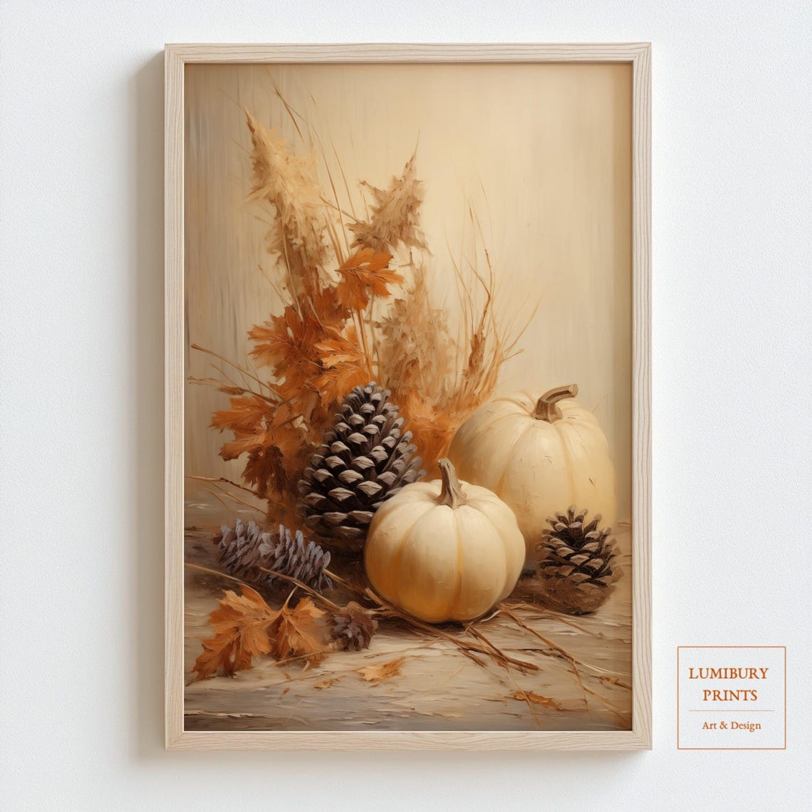 White Pumpkins Pinecones Autumn Bouquet Neutral Cozy Fall Poster