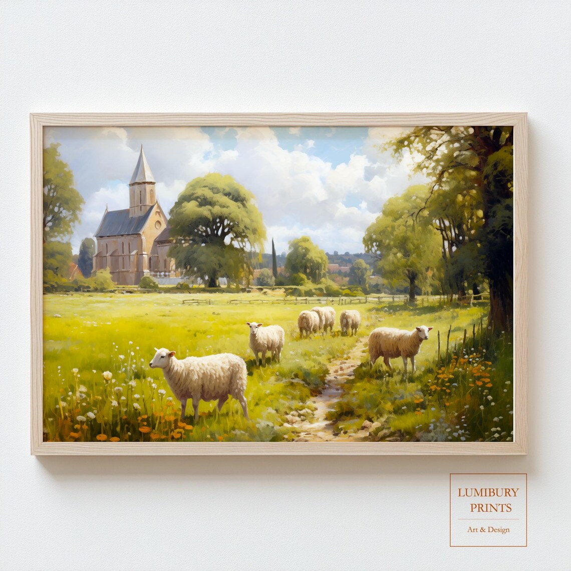 Sheep in Summer Meadow with Village Church Rustic Farmhouse Poster