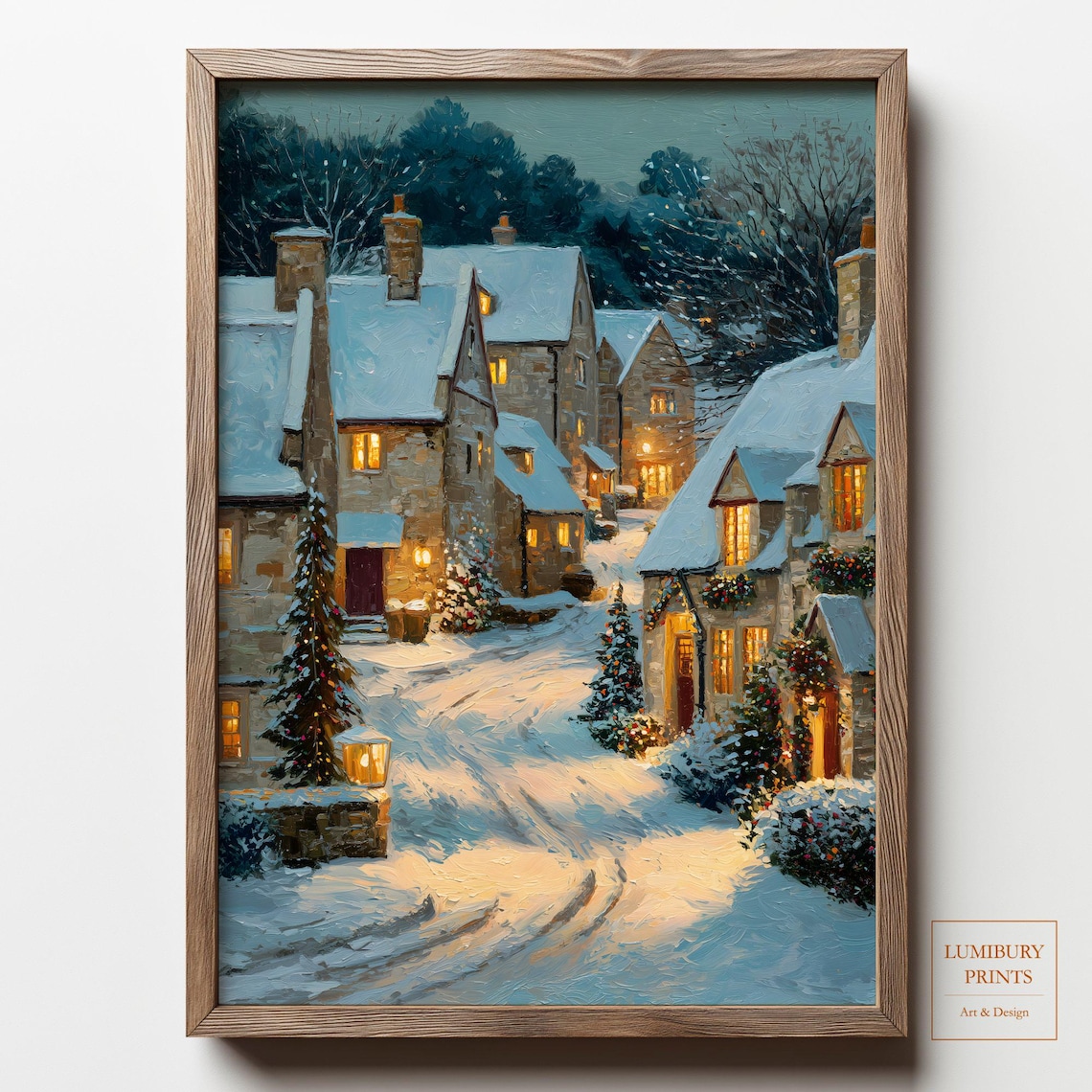 Snowy Village Lane Stone Cottages Christmas Lights Winter Poster