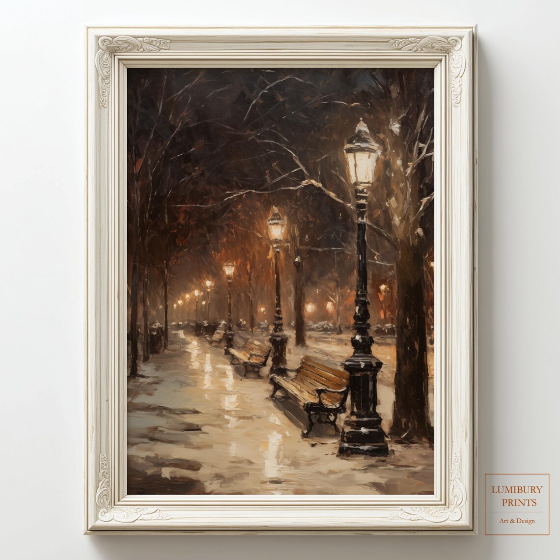 Winter Night Park Path Glowing Lamps Benches Snow Painting Wall Art