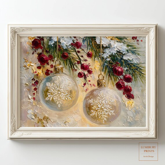 Christmas Glass Ornaments Pine Boughs Red Berries Impasto Art Print