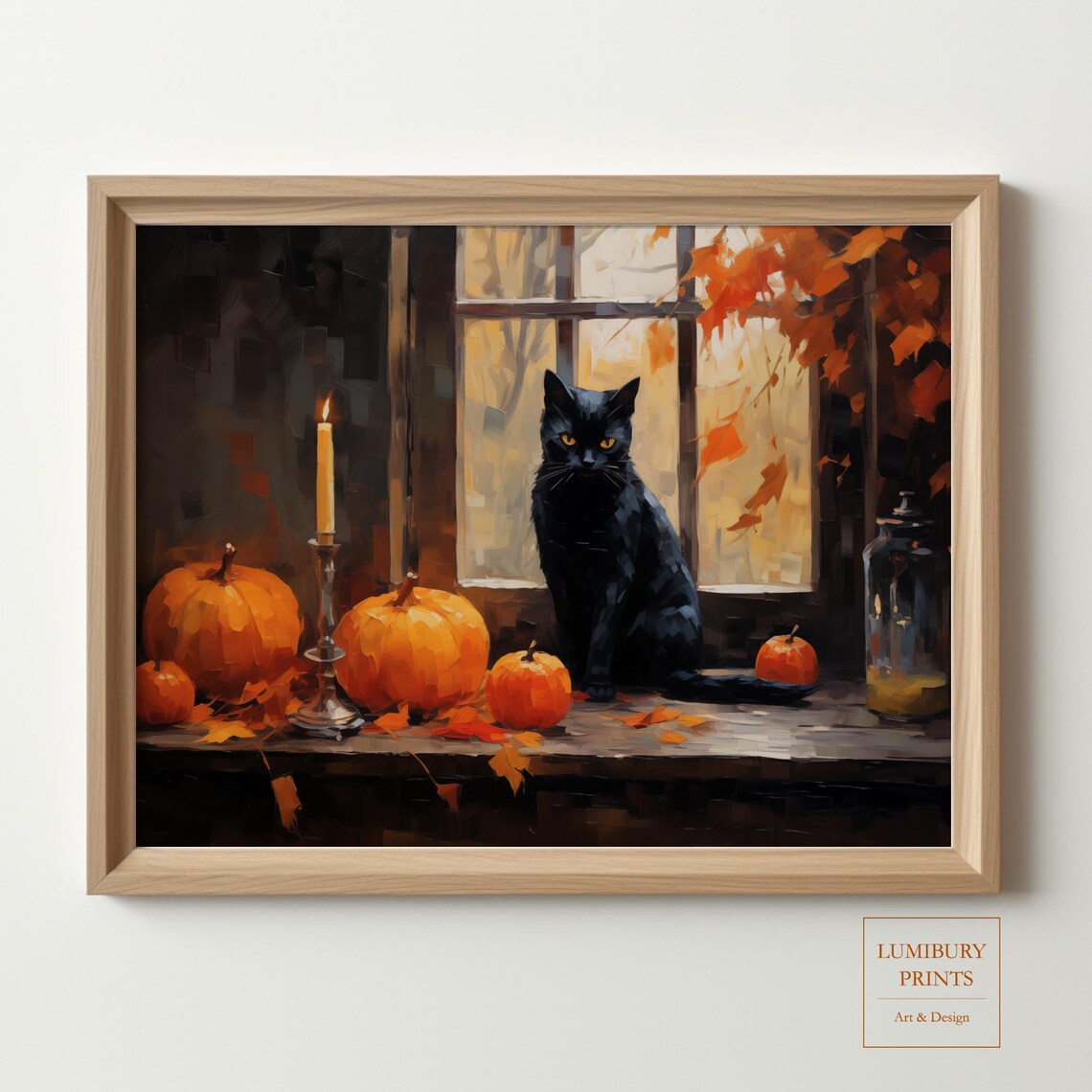 Black Cat Pumpkin Candle Autumn Oil Painting Halloween Poster