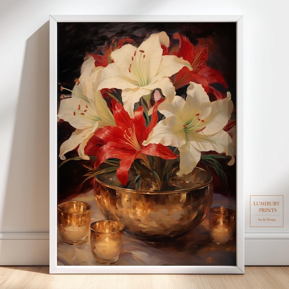 Christmas Lilies White Red Gold Bowl Candlelight Holiday Print