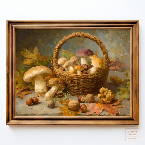 Mushroom Harvest Basket Vintage Oil Painting Kitchen Art Poster
