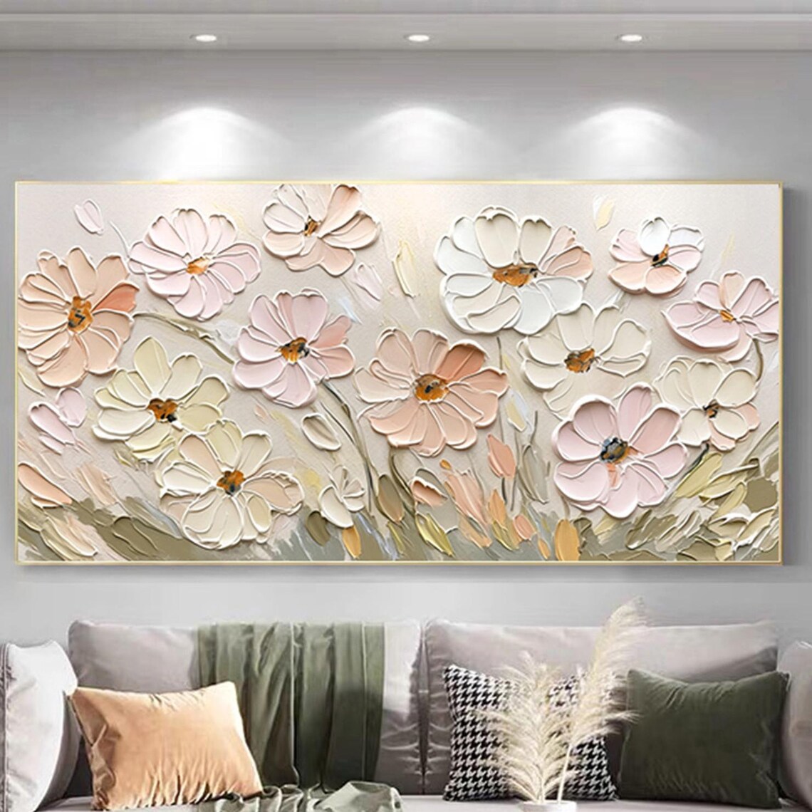 White Pink Cosmos Neutral Gray 3D Textured Floral Painting Poster